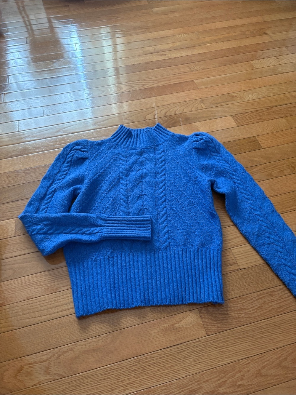 LOFT Bright Blue Cable-Knit Puff Shoulder Mock Neck Sweater